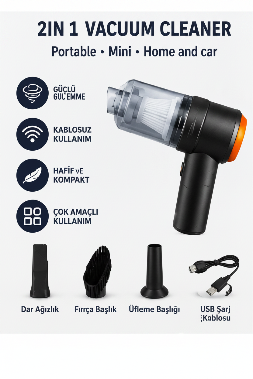 2'si 1 Arada Şarjlı Mini El Süpürgesi – Güçlü Emiş Özellikli Kablosuz Araç ve Ev Vakumu