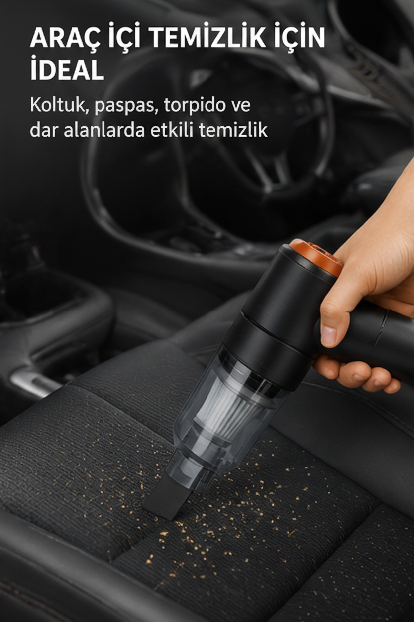 2'si 1 Arada Şarjlı Mini El Süpürgesi – Güçlü Emiş Özellikli Kablosuz Araç ve Ev Vakumu