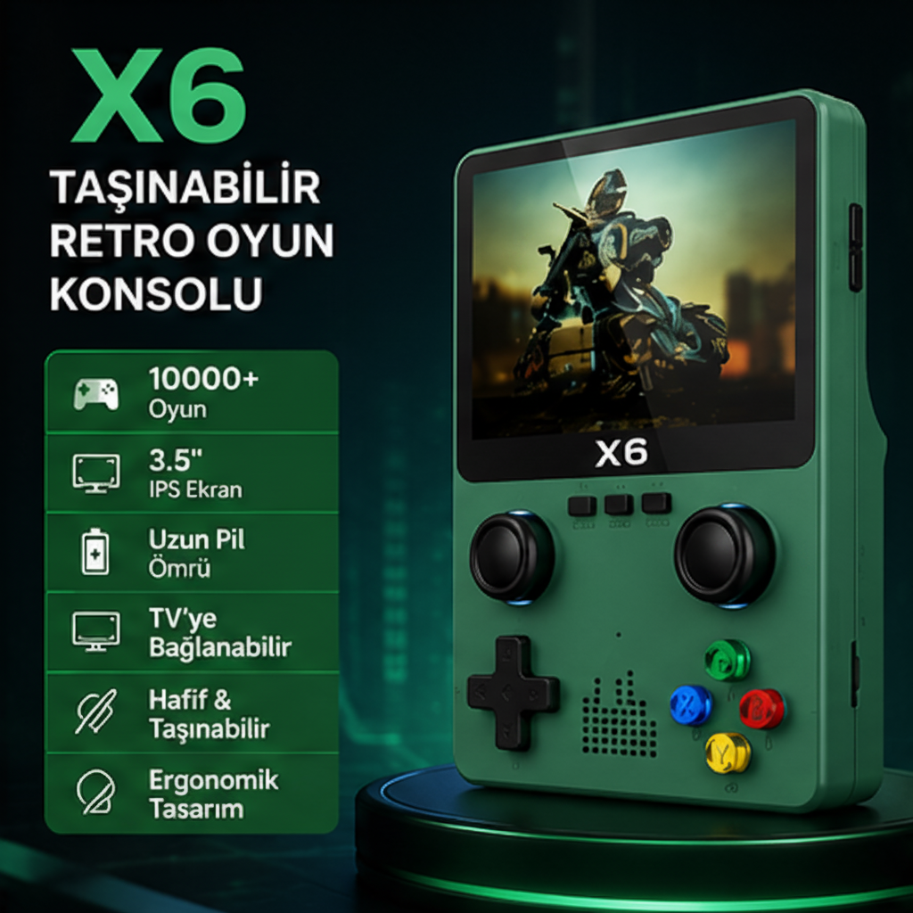 X6 Taşınabilir Retro Oyun Konsolu 10000+ Oyunlu 3.5'' IPS Ekran TV Bağlantılı Şarjlı El Konsolu