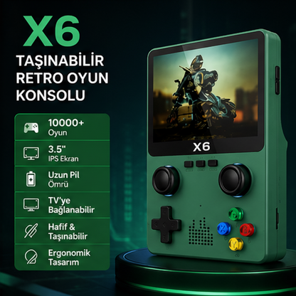 X6 Taşınabilir Retro Oyun Konsolu 10000+ Oyunlu 3.5'' IPS Ekran TV Bağlantılı Şarjlı El Konsolu