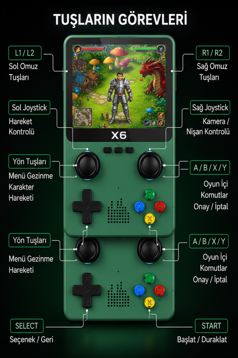 X6 Taşınabilir Retro Oyun Konsolu 10000+ Oyunlu 3.5'' IPS Ekran TV Bağlantılı Şarjlı El Konsolu