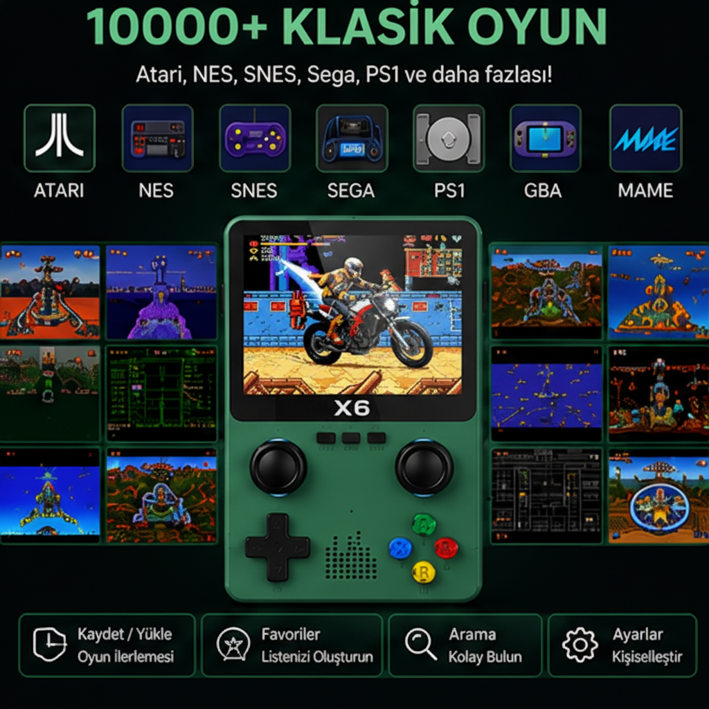 X6 Taşınabilir Retro Oyun Konsolu 10000+ Oyunlu 3.5'' IPS Ekran TV Bağlantılı Şarjlı El Konsolu