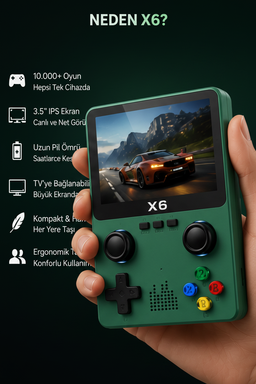 X6 Taşınabilir Retro Oyun Konsolu 10000+ Oyunlu 3.5'' IPS Ekran TV Bağlantılı Şarjlı El Konsolu