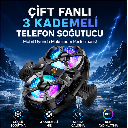 Çift Fanlı 3 Kademeli RGB Telefon Soğutucu – Mobil Oyun Soğutma Fanı Type-C Uyumlu