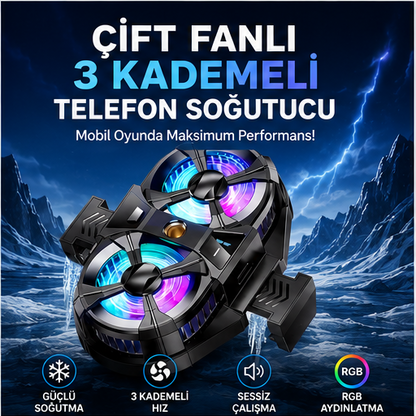 Çift Fanlı 3 Kademeli RGB Telefon Soğutucu – Mobil Oyun Soğutma Fanı Type-C Uyumlu