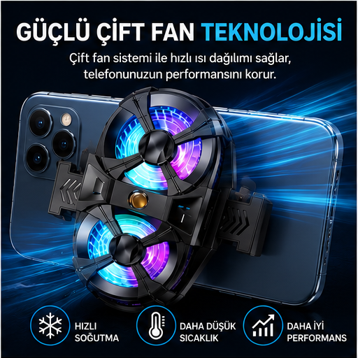 Çift Fanlı 3 Kademeli RGB Telefon Soğutucu – Mobil Oyun Soğutma Fanı Type-C Uyumlu