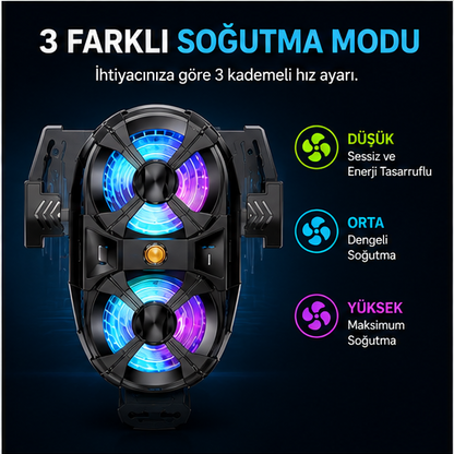 Çift Fanlı 3 Kademeli RGB Telefon Soğutucu – Mobil Oyun Soğutma Fanı Type-C Uyumlu
