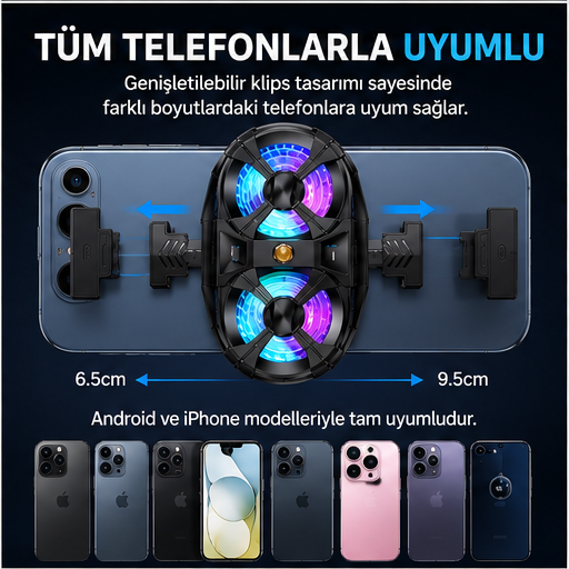 Çift Fanlı 3 Kademeli RGB Telefon Soğutucu – Mobil Oyun Soğutma Fanı Type-C Uyumlu