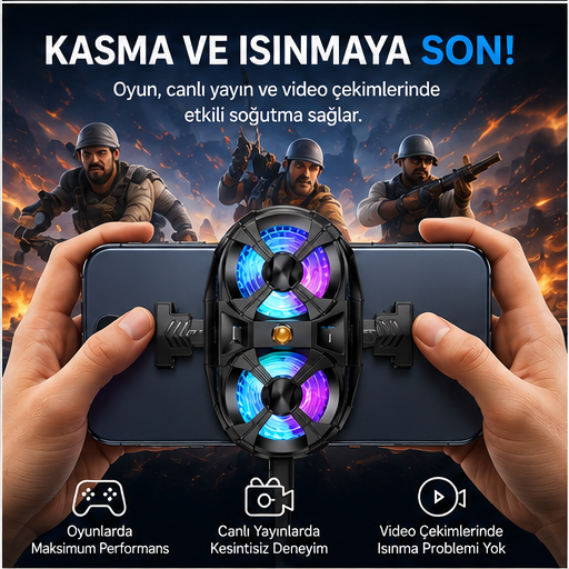 Çift Fanlı 3 Kademeli RGB Telefon Soğutucu – Mobil Oyun Soğutma Fanı Type-C Uyumlu