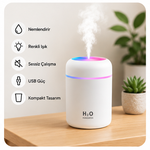 H2Q USB Mini Hava Nemlendirici – RGB LED Işıklı Sessiz Masaüstü Nemlendirici