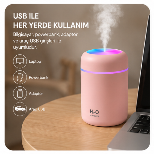 H2Q USB Mini Hava Nemlendirici – RGB LED Işıklı Sessiz Masaüstü Nemlendirici